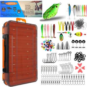 Fishing Accessories Kit Tackle Box with Tackle Included Fishing Gear Set Suitable for beginners 242pcs Fishing Hooks Fishing Lures Fishing Weights Sinkers Swivels Saltwater & Freshwater Fishing Gift