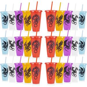 30 Pcs Western Dragon Cups with Lids and Straws, 24 oz Plastic Drink Cups Reusable Bulk Dragon Tumblers for Fantasy Creature Theme Party Favors Birthday Party Gifts