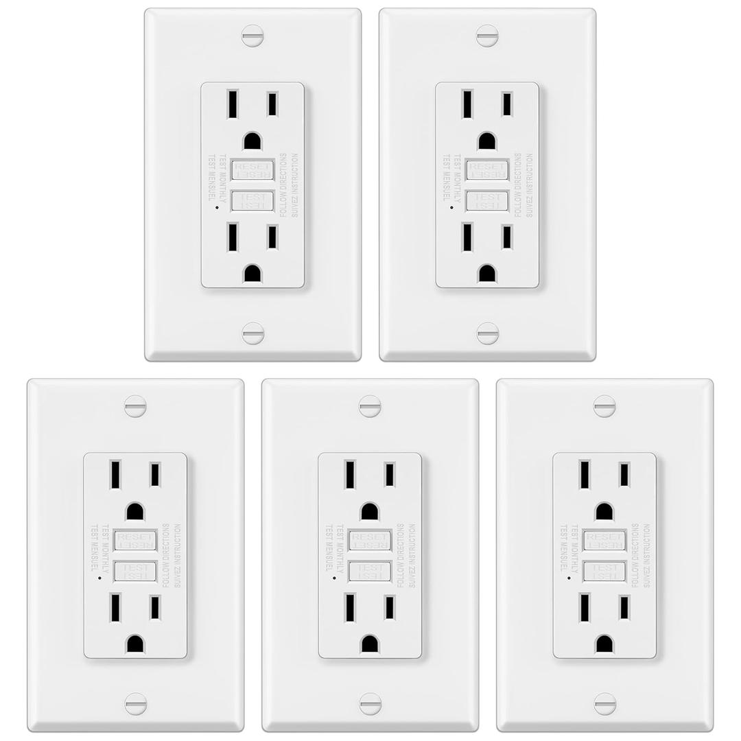 ELECTECK 5 Pack GFCI Outlets 15 Amp, Non-Tamper Resistant, Decor GFI Receptacles with LED Indicator, Ground Fault Circuit Interrupter, Wallplate Included, ETL Listed, White. 1 missing pack, and 2 missing details