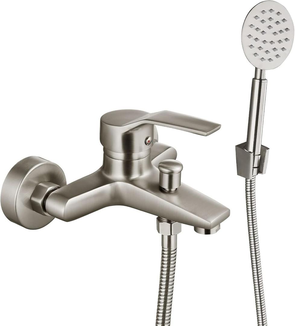 Aolemi Wall Mount Bathtub Faucet with Handheld Sprayer Wall Mounted Tub Filler with Diverter Single Handle,Brushed Nickel