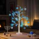 24'' Hanukkah LED Lighted Birch Tree with 12 Hanging Ornaments, Blue Lights Tabletop Pre-Lit Tree for Hanukkah Decorations, Battery/USB Operated Birch Tree for Home Table Mantel Decor