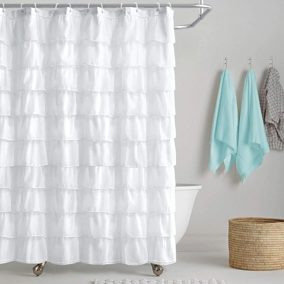 REISEN White Shower Curtain Farmhouse Ruffle Fabric for Bathroom Sheer Shower Curtain 72 in Long