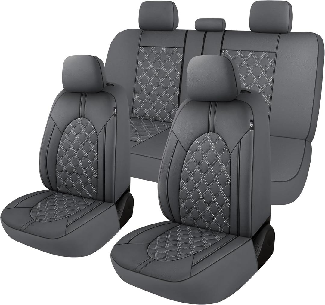 CAROMOP Luxury PU Leather Car Seat Covers Full Set-Waterproof Seat Protectors with Split Bench Seat Covers for Cars-Universal Cars Interior Covers for Sedans, SUVs, Pick-up Trucks(Gray/Gray Line)