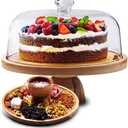 AZ-Homey Cake Stand with Acrylic Dome Lid 2-in-1 Multifunctional Round Shatterproof Dessert Table Display Set with Acacia Wood Serving Platter, Veggie Tray, Fruit Bowl, Donut Stand, Nachos Plate