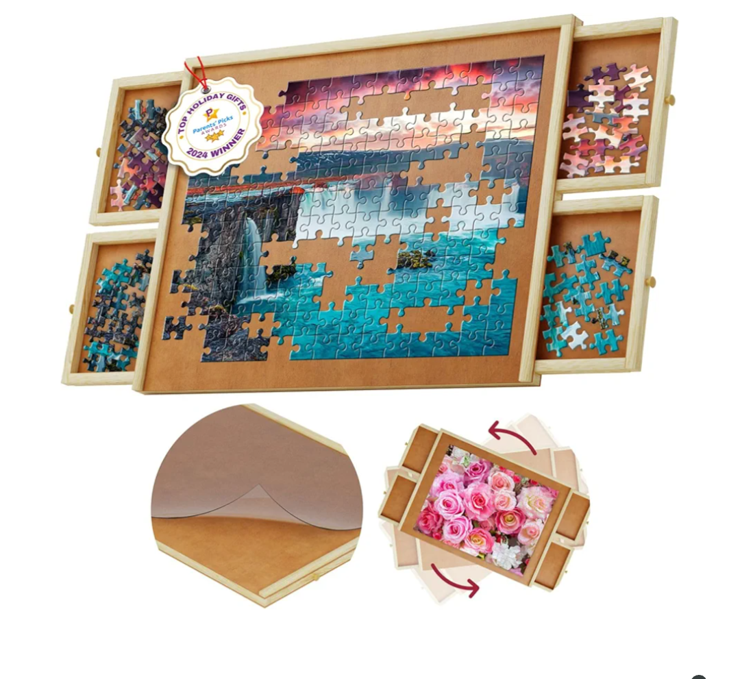 1000 Piece Wooden Jigsaw Puzzle Table - 4 Drawers, Rotating Puzzle Board | 30” X 22” Jigsaw Puzzle Board | Puzzles Cover Included - Portable Puzzle Tables for Adults and Kids by Beyond Innoventions