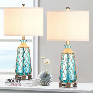 Ruzectt 25.5" Coastal Glass Table Lamps Set of 2, 3-Way Dimmable Touch Control Bedside Lamps with 2 USB Ports and AC Outlet, Blue Nautical Nightstand Lamps for Bedroom Living Room (LED Bulbs Included), Teal