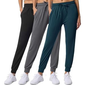 Real Essentials 3 Pack: Women's Ultra-Soft Lounge Joggers Athletic Yoga Pants with Pockets , L Black Grey Green