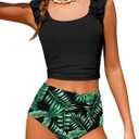 Girls Tankini Swimsuit 2 Piece Bathing Suit Twist Cross Back Cutout Swim Tank Top Floral Print Swimwear for 13-14Y (Black)