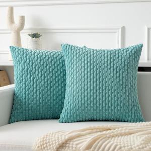 Kevin Textile Throw Pillow Covers Soft Corduroy Decorative Set of 2 Boho Striped Pillow Covers Pillowcases Farmhouse Home Decor for Couch Bed Sofa Living Room 18x18 Inch Aqua Green