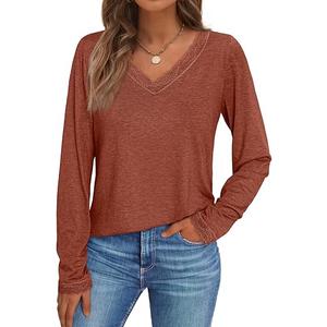 AUTOMET Long Sleeve T Shirts for Women Lace V Neck Casual Cute Tops Loose Fit Fall Winter Basic Clothing, Maple, XL