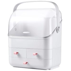 LINFIDITE Cosmetic Storage Box with Lid Makeup Organizer Box with Dust Free Cover Portable Handle,Large Makeup Display Case with Drawers Fully Open Lid,Great for Dresser Bathroom Countertop
