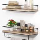 Shario Rustic Wood Floating Shelves - Set of 2, Wall Mounted Hanging Shelves with Black Towel Rack, Decorative Storage Shelves for Bathroom, Kitchen, Living Room & Bedroom (Light Wood, 15.7 Inches)
