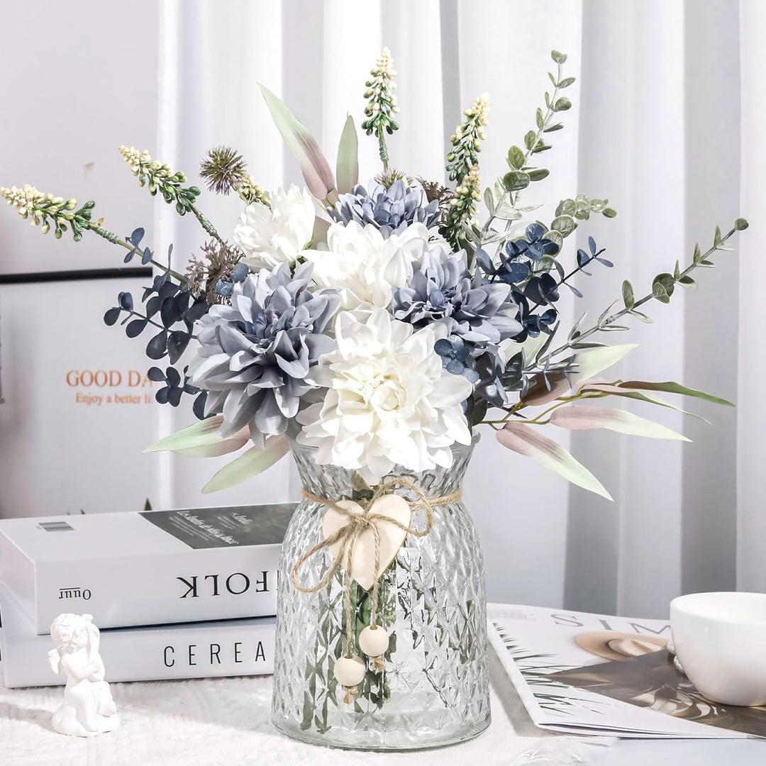 Der Rose Fake Flowers in Vase Silk Artificial Navy Blue Flowers Arrangements with Glass Vase for Dinning Coffee Table Centerpieces Home Kitchen Farmhouse Wedding Decor