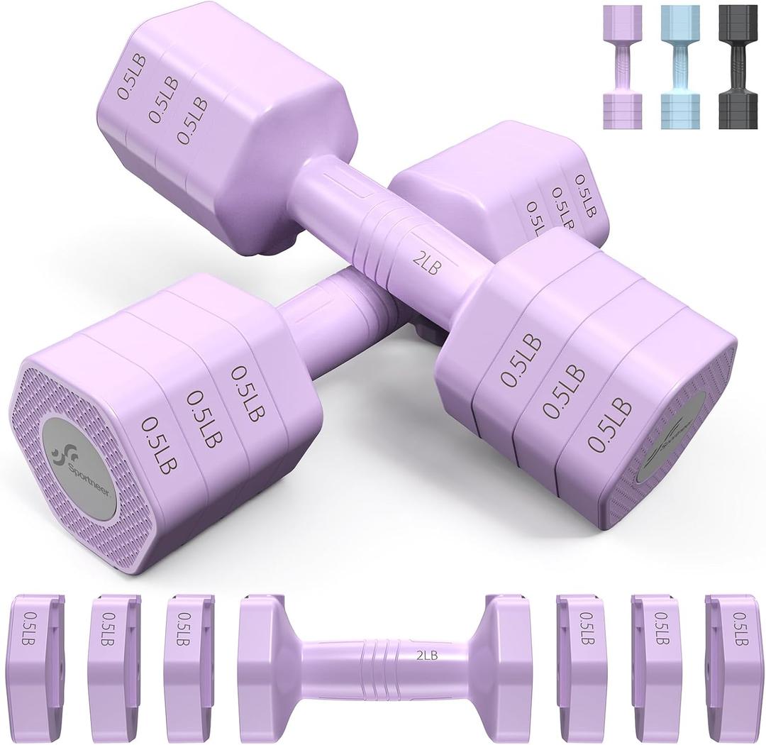 Sportneer Adjustable Dumbbells Hand Weights Set: 4 In 1 Weight Each 2lb 3lb 4lb 5lb Free Weights Dumbbells Set for Women Fast Adjust Dumbbell Set for Men Home Gym Workout Strength Training Exercise (Purple)