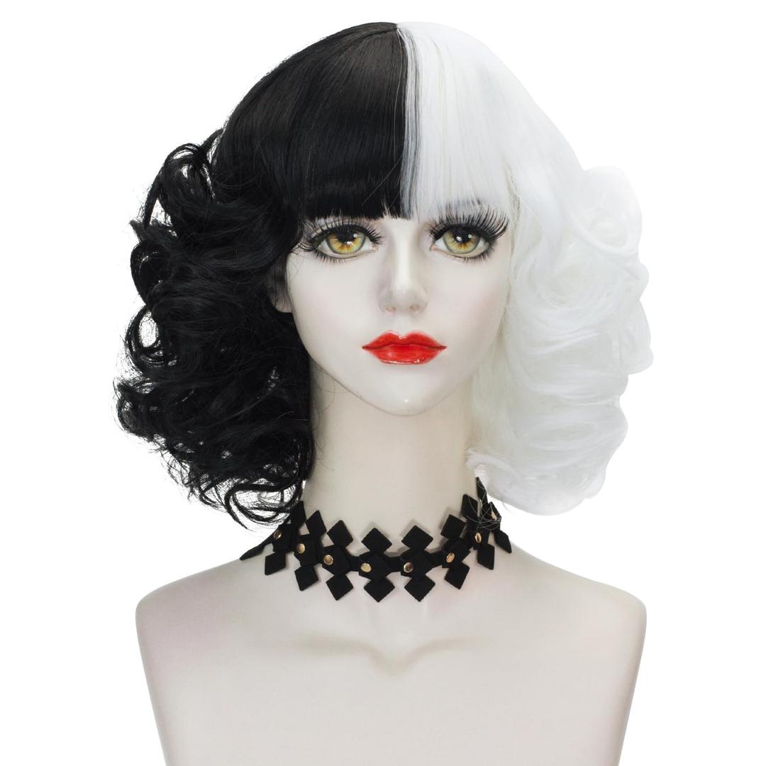 LABEAUT Black and White Wig with Bangs Short Curly Wavy Hair for Kids Women Girls 2021 Two Tone Half and Half Party Halloween Wig + Free Cap