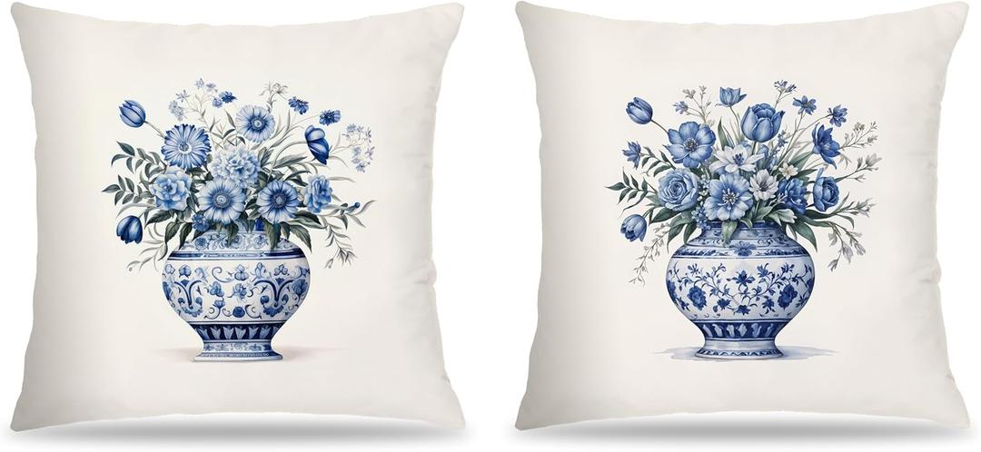 Chinoiserie Floral Pillow Covers 18x18 Set of 2, Chinoiserie Decor, Blue and White Porcelain Grandmillennial Flower Decorative Throw Pillow Covers for Home Bedroom Living Room