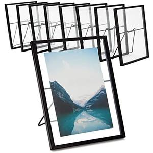 Juvale 8-Pack Black Floating Glass Picture Frames - Double-Sided Glass & Easel Back (6.9 x 8.9 in) - Photo Frames for Wedding Table Numbers and Pressed Flowers (5 x 7 In Photos)