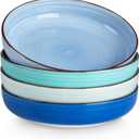 vancasso Pasta Bowls Set of 4, 46 oz Ceramic Salad Serving Bowls and Soup Bowls, Microwave Safe Pasta Plates, Large Shallow Kitchen Dishes, Bonita Series - Blue