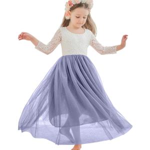 First Communion Dress Lace/Tulle Long Sleeve Flower Girl Dress Floor-Length Dresses for Wedding Garden Party , Size 100