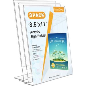 MaxGear Acrylic Sign Holder, Clear Sign Holders Plastic Display Stand 8.5 x 11 Inches Slant Back Countertop Display Picture Frames for Menus, Flyer, Use In Office, Store, 3 Pack