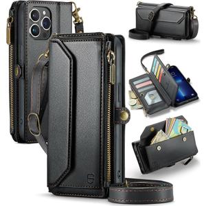 Strapurs Wallet Case Compatible with iPhone 13 Pro Max RFID Blocking 10-Card Holder Soft PU Leather Magnetic Snap Shoulder Strap Zipper Pocket Phone Case Fit for iPhone 13 Pro Max - Black