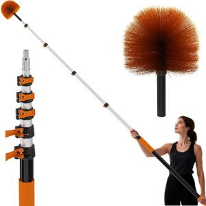 26 FT Reach Cobweb Duster with 5-20FT Telescoping Pole, Dual Action Flip-Lock & Screw Fixing Design, Washable Reusable Duster for High Ceilings, Fans & Home Cleaning