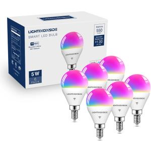 Lightinginside E12 Smart Light Bulbs 50W Equiv., G16.5 RGBCW Candelabra Chandelier Ceiling Fan Smart Bulb Works with Alexa/Google Home/Smart Life, 5W 550LM, 2.4G WiFi Bluetooth Bulb, ETL Listed, 6PCS