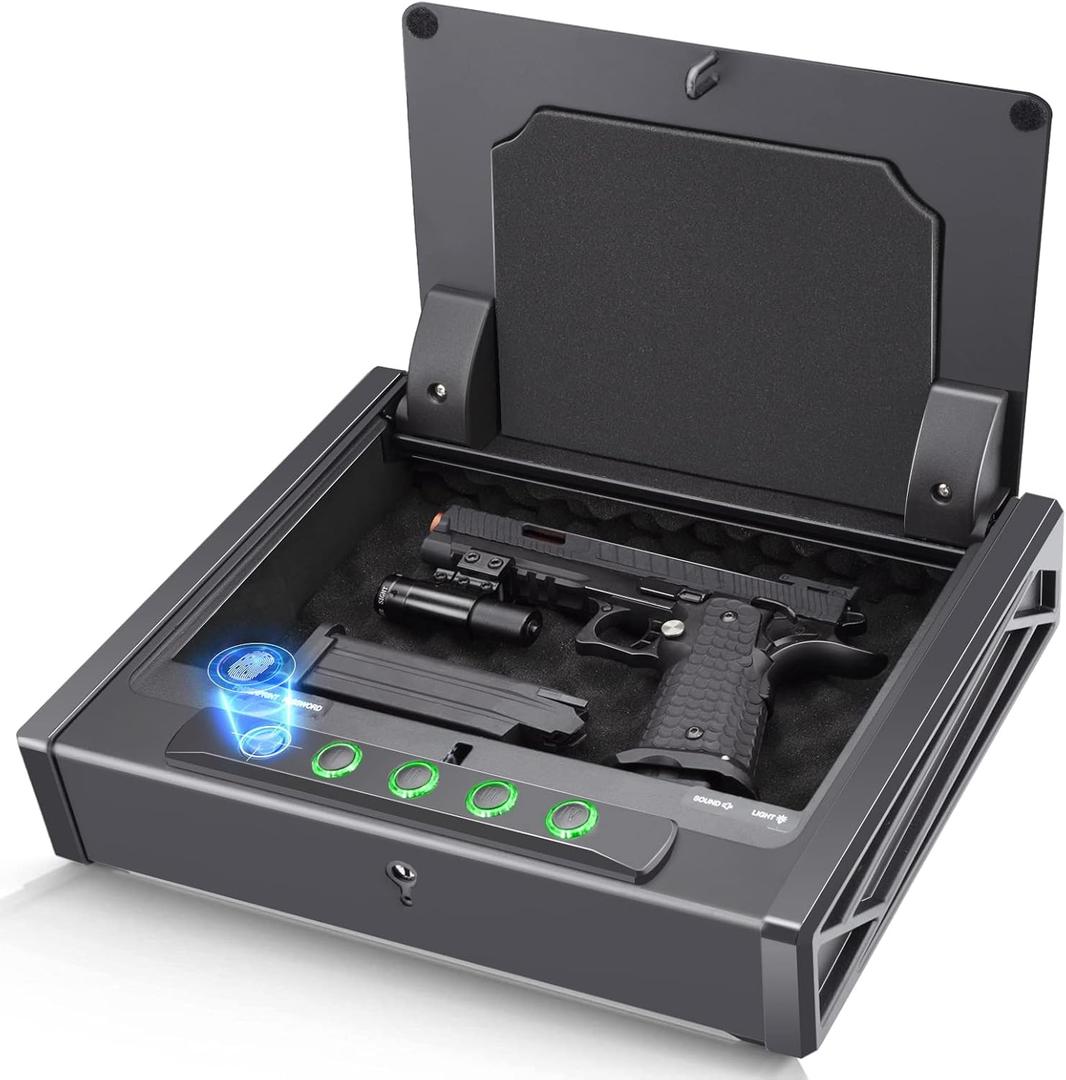 SOULYI Biometric Fingerprint Gun Safe for 3 Pistols Safe DOJ Certified with 3 Quick Access Handgun,Digital Keypad Matt Black Bedside Firearm Safety Car Safe Hardened Steel Lock Box