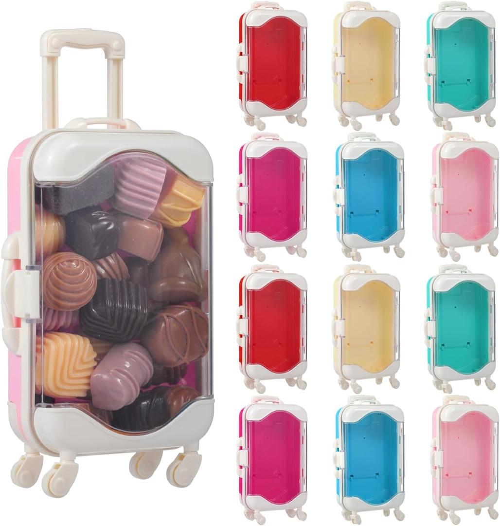 12 PCS Mini Suitcase Party Favor Boxes, Assorted Color Luggage Trolley Candy Box, Clear Small Suitcase Present Package Case, Rolling Empty Storage Box for Jewelry False Eyelash