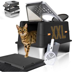 Stainless Steel Litter Box with Lid - XXL Enclosed Anti-Leak Design for Big Cats, Non-Stick Easy Clean Metal Litter Box System with Scoop Set, High-Sided Urine Protection, Sleek Black