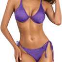 ZAFUL Two Piece Swimsuit for Women Glitter String Bikini Sets Cheeky Side Tie Thong Metallic Shiny 2 Piece Bathing Suit Purple L
