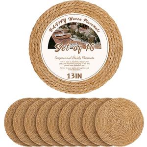 13 in Round Woven Placemats Plate Chargers Set of 10, Boho Farmhouse Rustic Woven Place Mats for Dining Table Decor, Rattan Wicker Table Mats Jute Braided Chargers for Dinner Plates (Natural Color)
