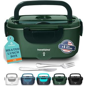 TRAVELISIMO Electric Lunch Box for Adults 100W Heated Lunch Box For Men 1.5L Stainless Steel Portable Food Warmer, 12/24/110V for Travel & Work, Loncheras Electricas Para Calentar almuerzo, green