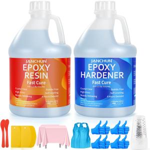 JANCHUN Crystal Clear Epoxy Resin Kit 1 Gallon, Bubble-Free, Anti-Yellowing, Self Leveling Easy Mix 1:1 Coating and Casting Resin for Table Top, Molds, Tumbler Crafts, Painting, Jewelry, DIY Gifts