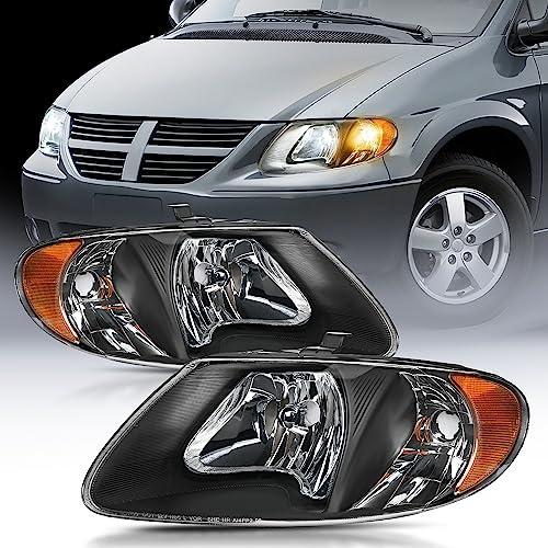 Nilight Headlight Assembly for 2001 2002 2003 2004 2005 2006 2007 Chrysler Town & Country 2001-2003 Voyager 2001-2007 Dodge Grand Caravan Replacement Black Housing Amber Reflector