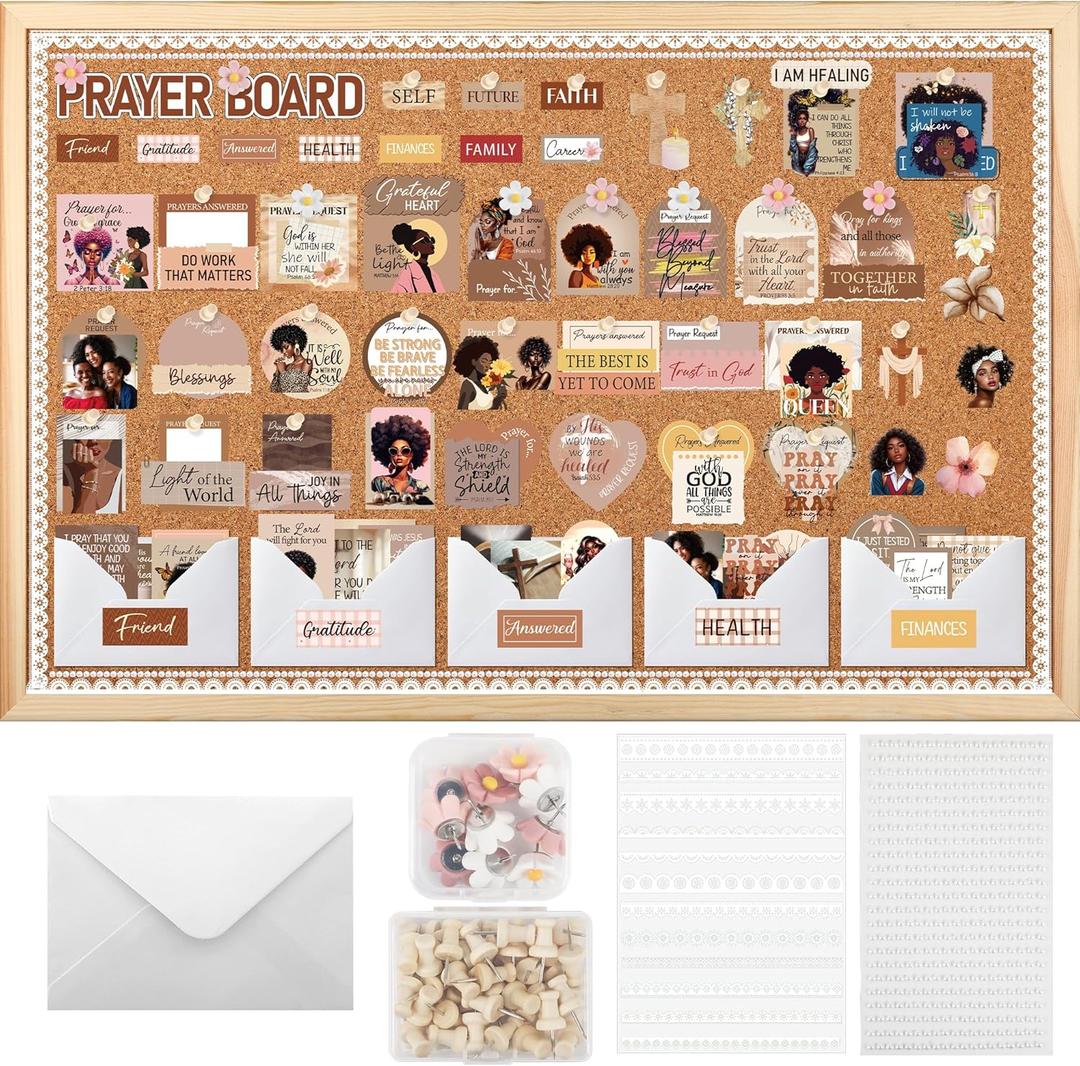 Prayer Board Kit for Black Women, 217 Pcs Brown Faith Vision Board Supplies Set with Bible Verse Cards Stickers Envelopes Pins, Inspirational Christian Dcor for Home Office Church (No Board)