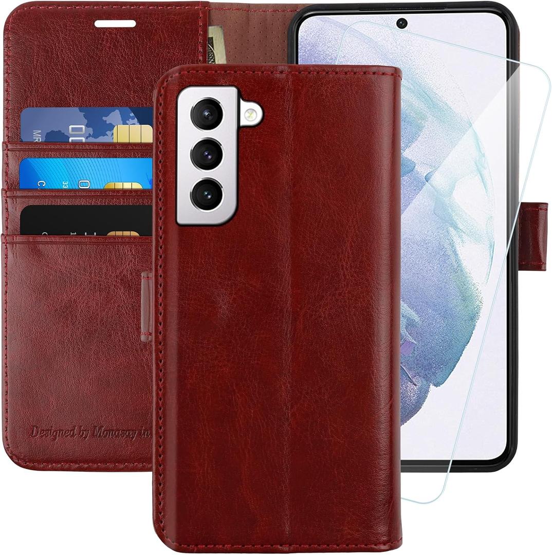 MONASAY Wallet Case Compatible for Galaxy S21 5G, 6.2 inch,[Screen Protector Included][RFID Blocking] Flip Folio Leather Cell Phone Cover with Credit Card Holder, Burgundy