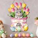 Easter Wooden Door Sign Hanging Decor, Bunny Welcome Spring Door Hanger, Farmhouse Rustic Wood Wall Sign for Front Door, Porch, Entryway, Home Seasonal Decoration (Bunny Flower)