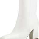 mysoft Women's Ankle Boots Square Toe Side Zipper GoGo Boots Chunky Block Heel Mid Calf Low Heeled Short Booties (9.5, White Pu)