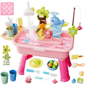 Water Table for Toddlers 1-3, Mini Water Table Toys with Pump for Kids Ages 4-8, 4-in-1 Play Sink with Running Water for Kids Outdoor Play, Kitchen Pretend Play(Pink)