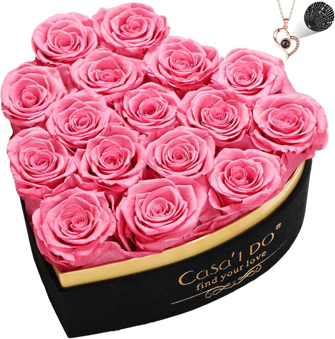 Casaido Preserved Roses Flowers for Delivery 16 Pcs, Forever Flores in Heart Box with Necklace, Eternal Rose Anniversary Birthday Gift for Women Wife Girlfriend, Rosas for Valentines Christmas, Pink