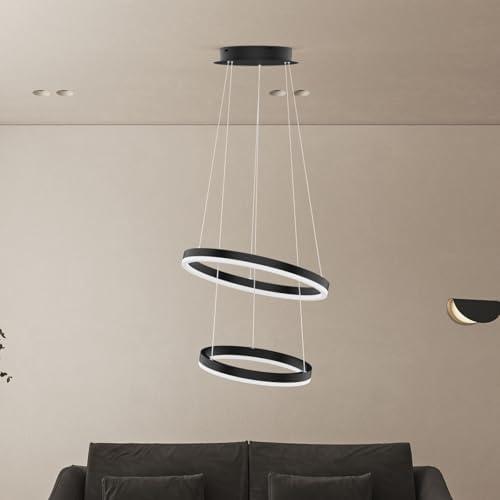 JS NOVA JUNS Pendant Lights for Kitchen Island, Modern LED with 2 Ring Black Ceiling Adjustable Hanging Fixture for Dining Living Room Bedroom (6000K, 50W)