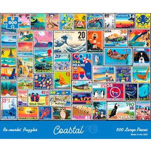 Re-marks Coastal Stamp Collage Puzzle, 500 Large Piece Jigsaw Puzzle for All Ages