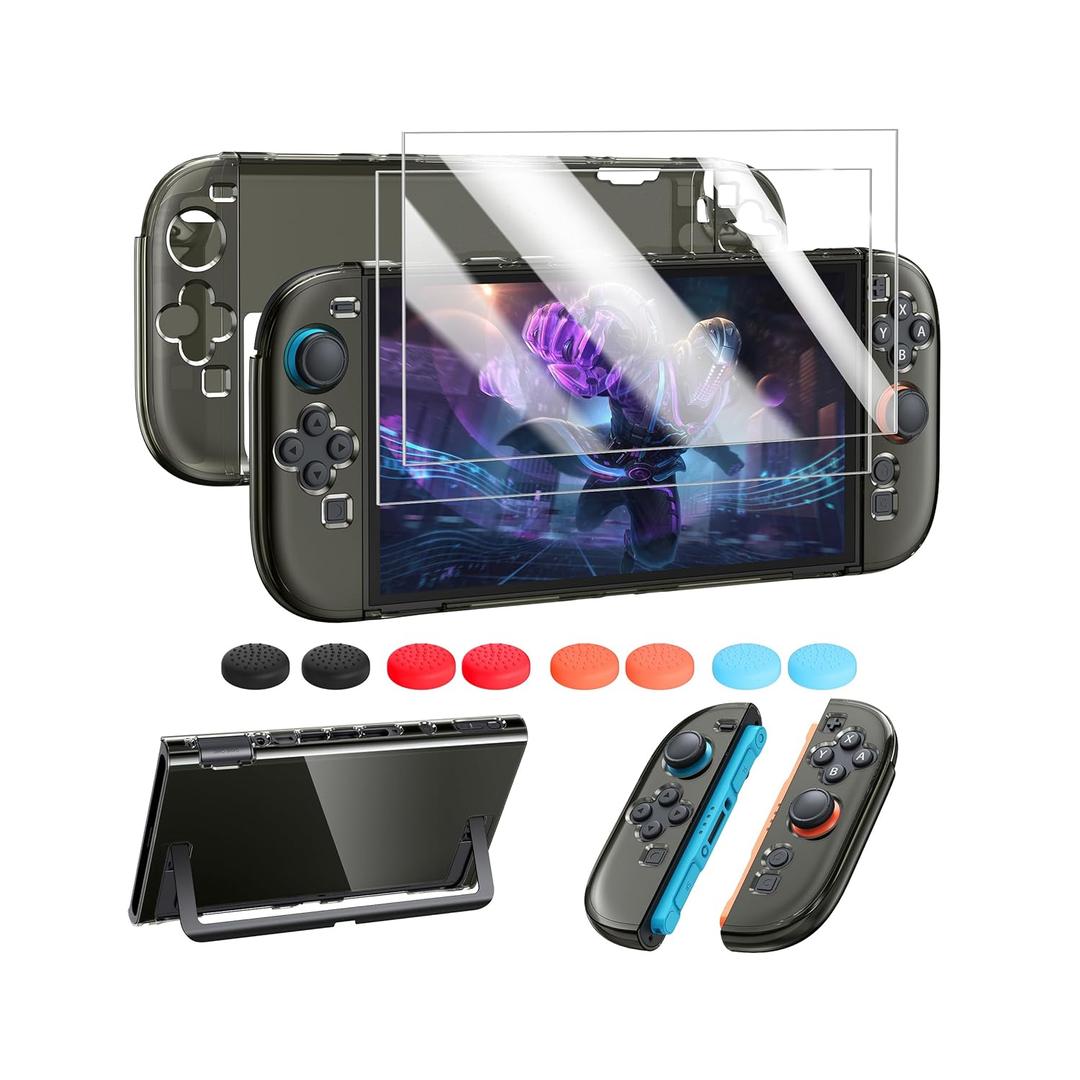 FYOUNG Protective Case for Nintendo Switch 2 2025, Slim Hard Shell for Switch 2 Accessories, Scratch&Shock Protection Cover with Screen Protector, 8 Thumb Grip(Translucent Black, Switch 2 7.9inch)