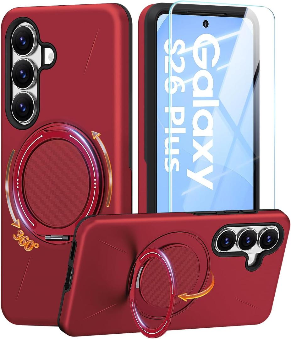 JAME for Samsung Galaxy S26+ Plus Case, Ring Holder Stand Kickstand, Dual Layer Shockproof Protective Cover with Screen Protector, Magnetic Accessory Friendly Galaxy S26+ Plus Phone Case 6.7", Red