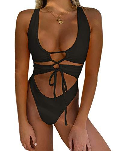 CHYRII Women's Black Sexy Cutout Lace Up Backless High Cut One Piece Swimsuit Monokini, Medium