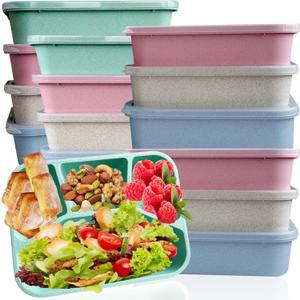 15 PCS Bento Box, 4 Compartment Bento Box Adult Set, Wheat Straw Bento Lunch Box, Reusable Lunch Snack Box, Microwave, Dishwasher and Freezer Safe Meal Prep Containers for Work, School and Travel