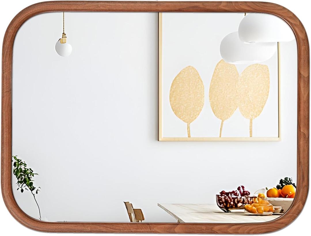 LVMU Elegant Wall Mirror Framed Farmhouse 18X24 Inch Mirrors Rounded Rectangle Woodgrain Natural Walnut/Oak Rustic Framed Vanity Mirror Bathroom Horizontally or Vertically (Walnut, 24"L x 18"W)