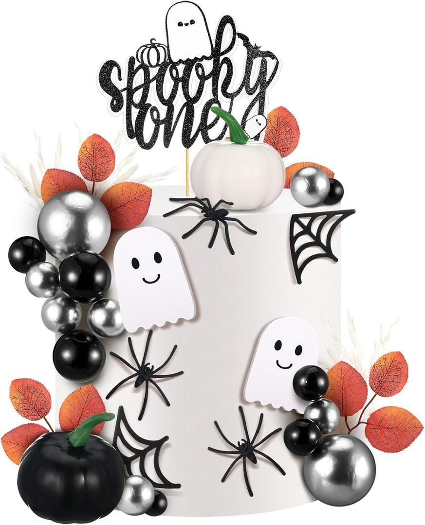 Rtteri 33 Pcs Spooky One Cake Topper Halloween Spooky One Birthday Decorations Girls Boys Black Halloween Ghost 1st Birthday Cake Picks Ghost Bat Spider Pumpkin Decor for 1st Party Supplies