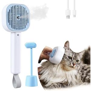 Cat Steam Brush Spritz Defur Comb for Indoor Kitten Shedding with Massage Comb, Water Slicker Grooming Brush for Long Short Pet Hair Collect with Release Button, Adjustable Mist Mode, Blue
